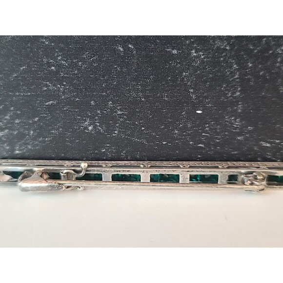 925 Sterling Silver Green Crystal Bar Brooch Vintage - Picture 5 of 10